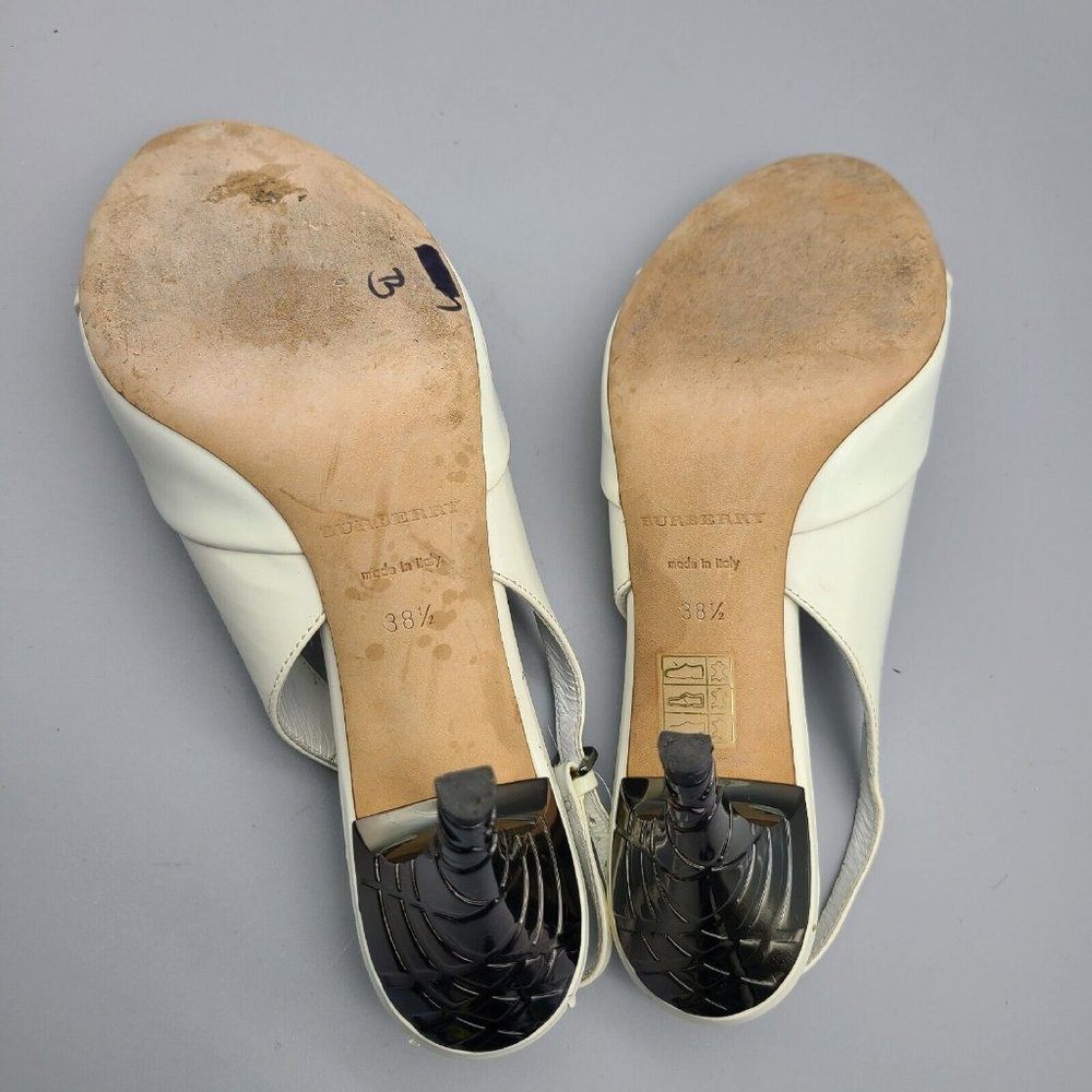 Burberry VTG Heels Women Sandals Sz.38.5 Slingback Pump White Bone Patent Metal - Picture 6 of 11